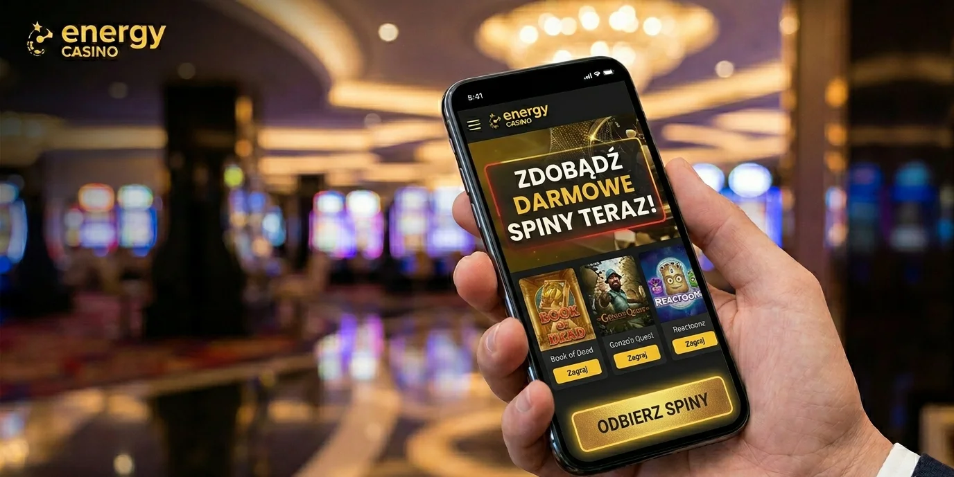 Promocja darmowych spinów w Energy Casino na ekranie telefonu