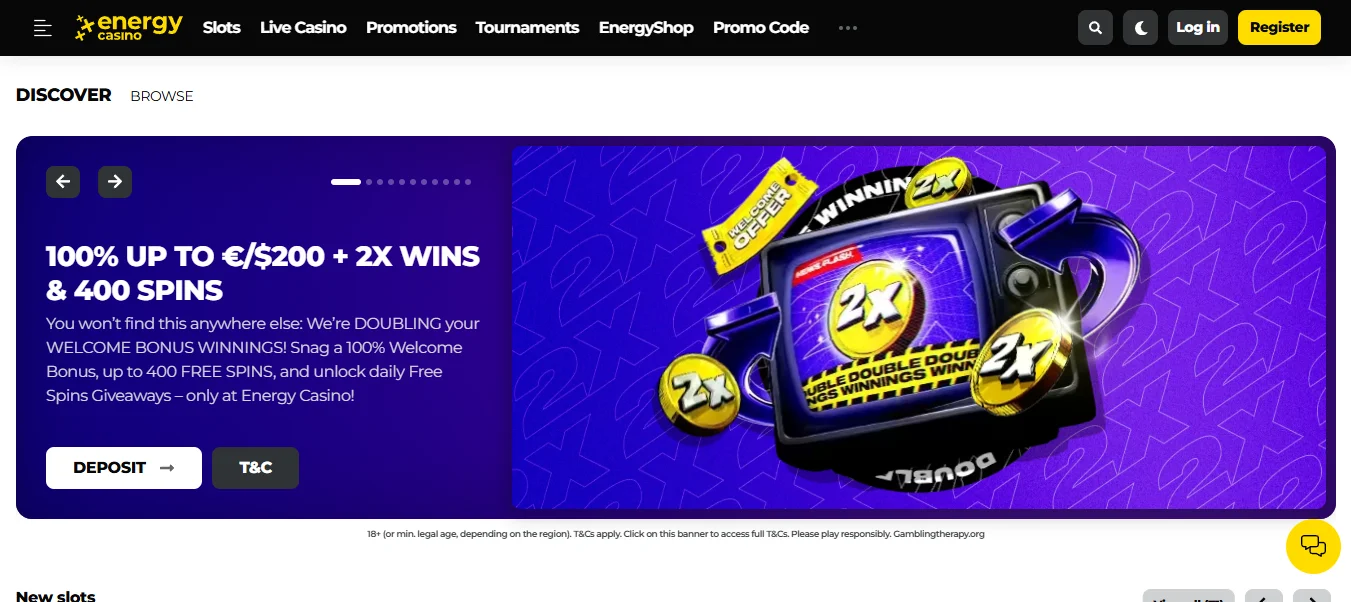 Strona główna Energy Casino z banerem oferty powitalnej 100% do €/$200