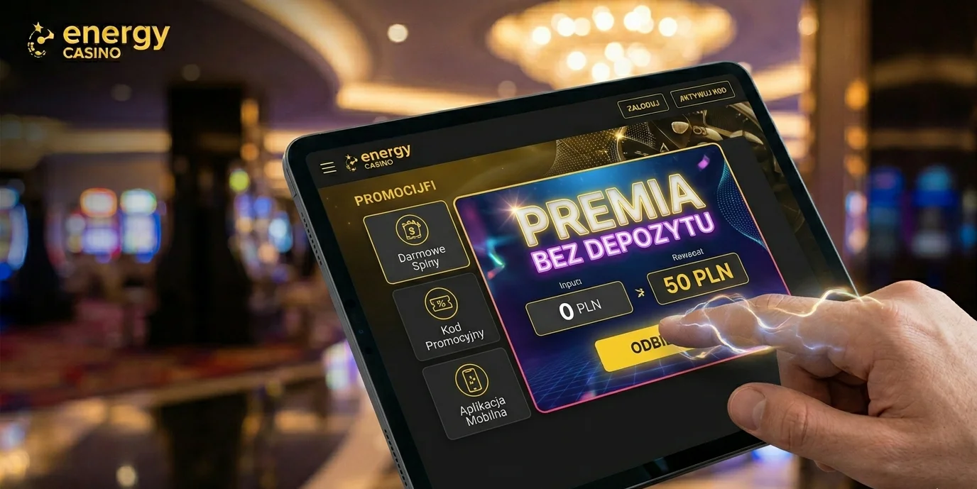 Energy Casino bonus bez depozytu 50 PLN — promocja przedstawiona na ekranie tabletu