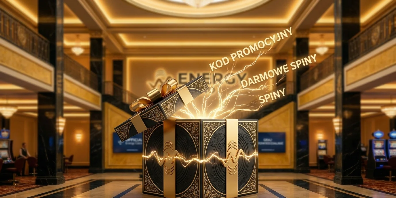 Pudełko z prezentem i darmowe spiny w Energy Casino — graficzna ilustracja kodu promocyjnego