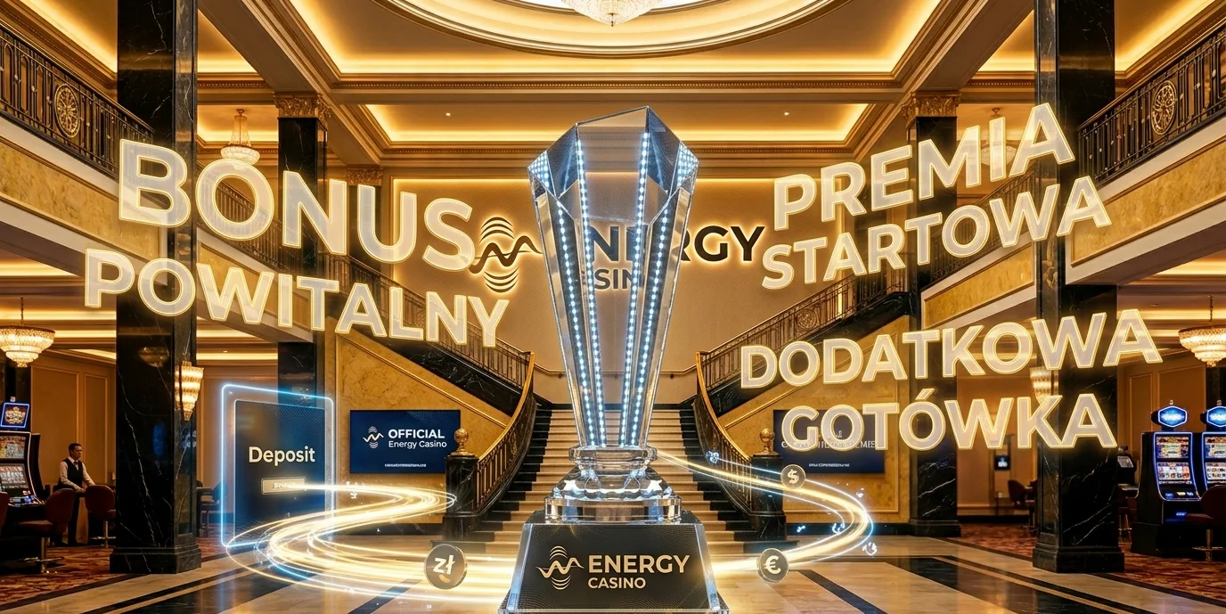 Banner Energy Casino welcome bonus z trofeum i nagrodami pakietu powitalnego