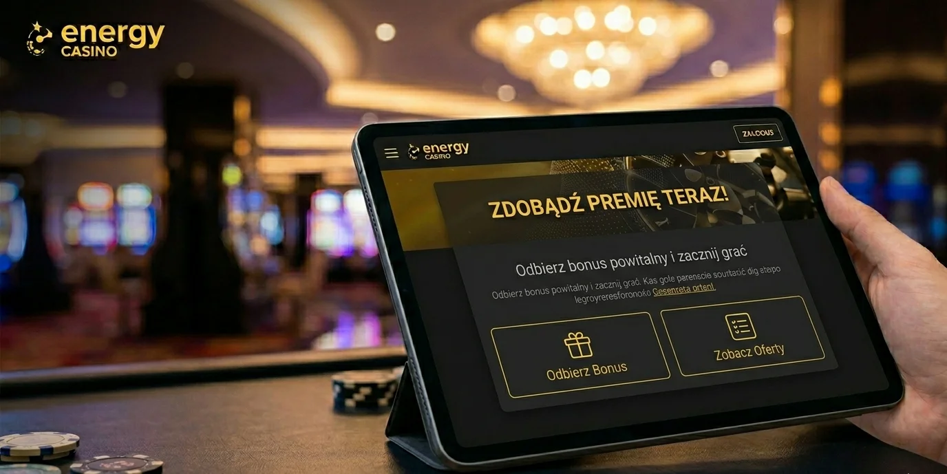 Tablet z ekranem odbioru pakietu powitalnego Energy Casino